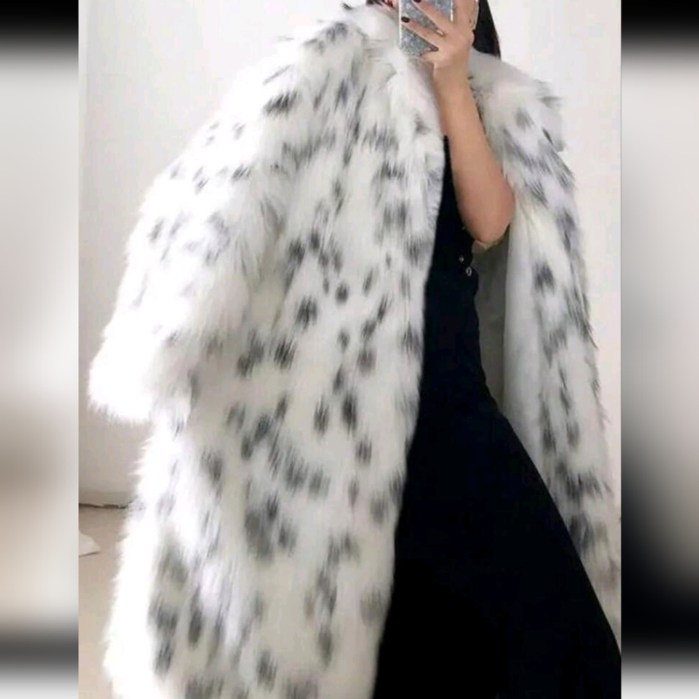 Ladies' Faux Fur Long Coat, Fashionable Casual Leopard Print Black Faux Fur Outw - Picture 3 of 9